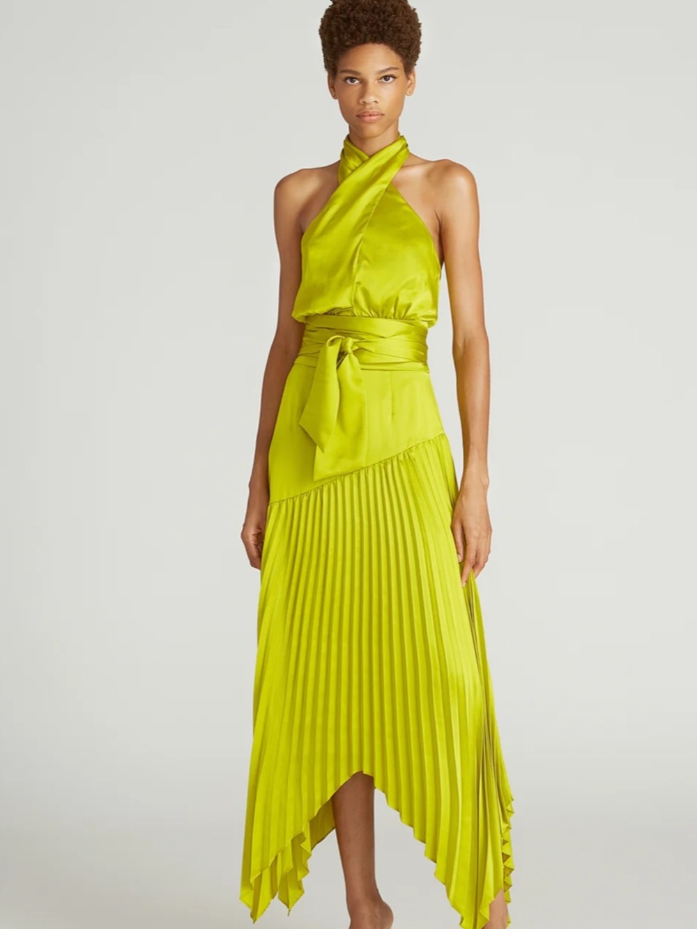 AMUR Lime Green Halter Satin Pleated Midi Dress